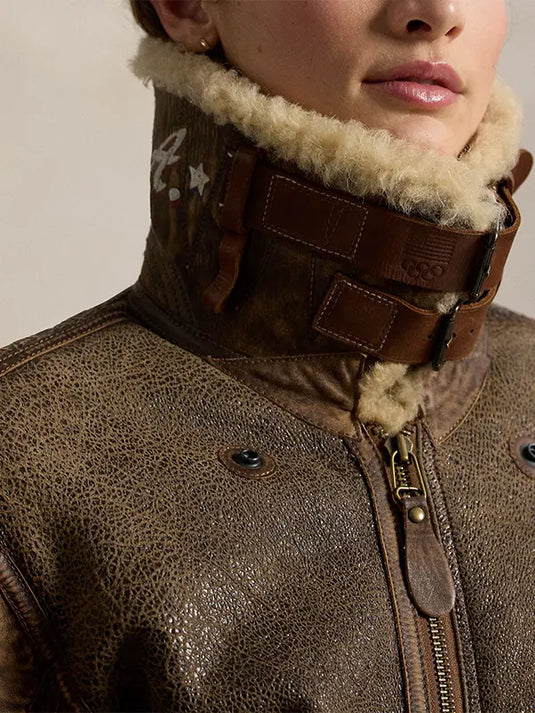 Brown leather flight jacket recreated from the Polo Ralph Lauren Team USA 2026 Winter Olympics theme