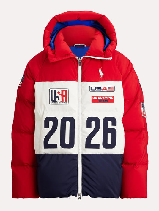 Polo Ralph Lauren red and white Closing Ceremony puffer jacket inspired by Team USA winter competition with clean lines and functional comfort