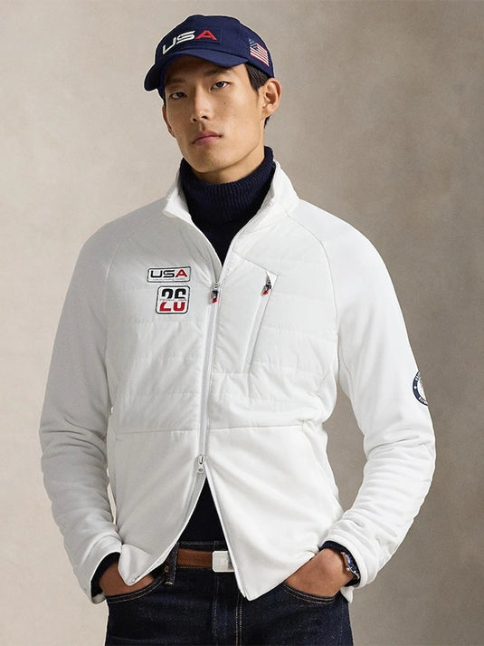 Milano Cortina 2026 themed white full-zip hybrid jacket by Polo Ralph Lauren featuring a streamlined silhouette and refined detailing