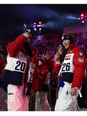 Recreated Milano Cortina 2026 Winter Olympics closing ceremony puffer jacket in bold red and white with practical hood and structured design