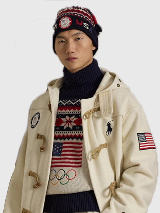 Cream Opening Ceremony toggle coat by Polo Ralph Lauren featuring Team USA Milano Cortina 2026 Winter Olympics inspired winter styling