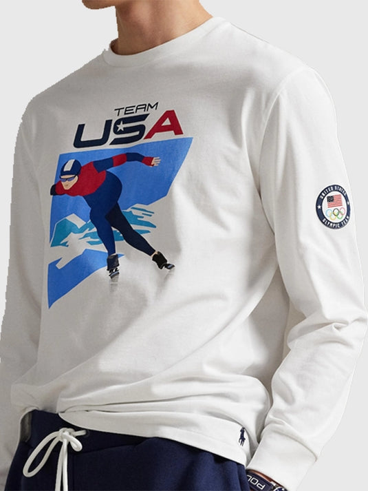 Milano Cortina 2026 themed white long-sleeve graphic t-shirt by Polo Ralph Lauren with premium cotton fabric and comfortable fit