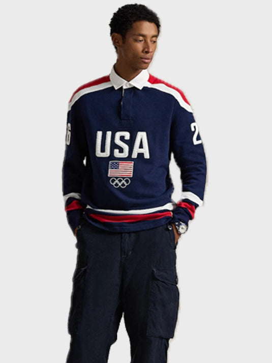 Polo Ralph Lauren Team USA navy blue rugby sweatshirt with traditional collar and contemporary sportswear styling