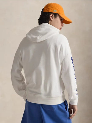 RECREATED white fleece pullover hoodie by Polo Ralph Lauren designed for unisex wear and Australian Open 2026 theme