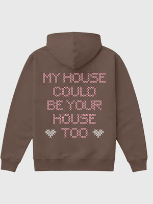 RECREATED brown fleece hoodie from Sabrina Carpenter Pretty Girl Ave 2026 collection, featuring pullover style construction and warm casual street-inspired look