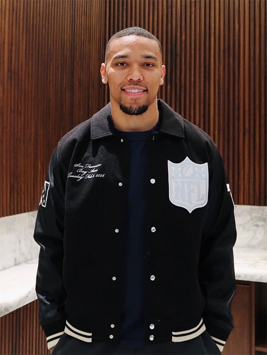 Black wool varsity jacket recreated from Abercrombie’s 2026 Pro Bowl Games styling, finished with leather sleeves and ribbed trims.