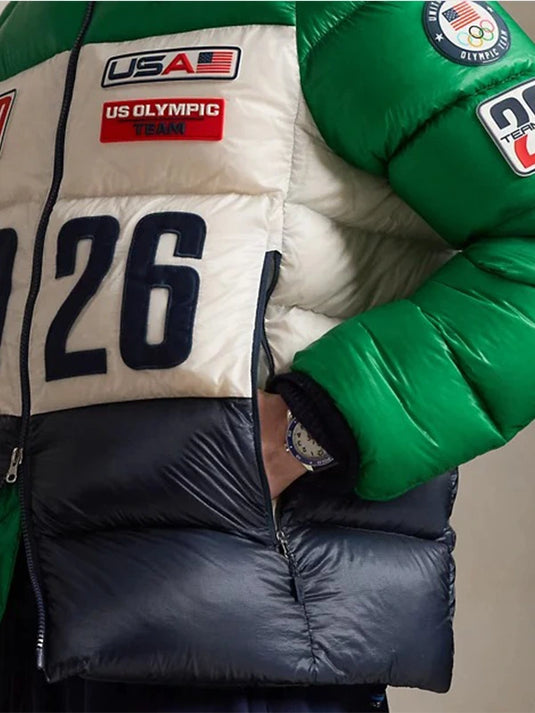 RECREATED Team USA 2026 Winter Olympics Hawthorne puffer jacket in green & white with classic polo-inspired outerwear style