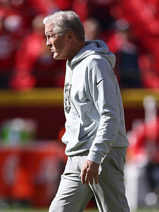 Las Vegas Raiders 2025 Sideline Grey Hoodie worn by Coach Pete Carroll showcasing athletic fleece construction.