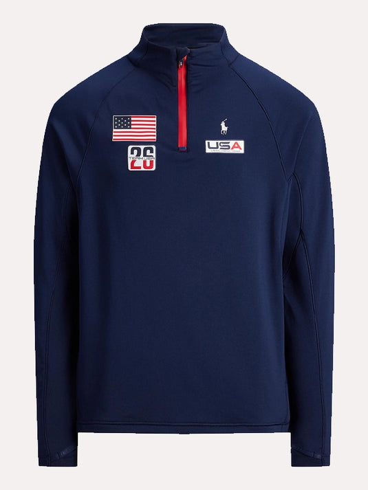 Polo Ralph Lauren Team USA navy fleece pullover featuring quarter zip closure and versatile layering comfort