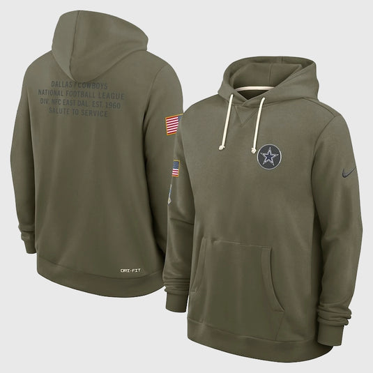 Dallas Cowboys Nike 2025 Salute to Service hoodie in olive green crafted from soft Dri-FIT fleece for all-day comfort.