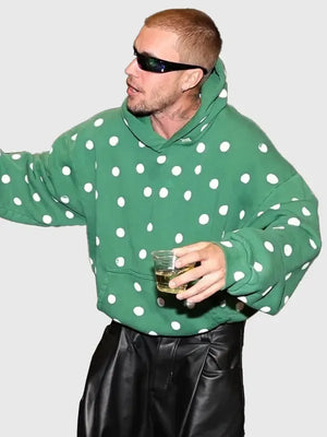 Green polka dot fleece hoodie inspired by Justin Bieber at a 2026 Lakers game featuring classic pullover design