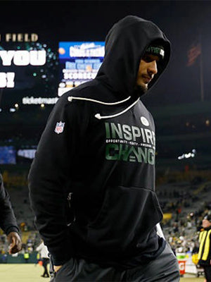 Nike black Inspire Change pullover hoodie associated with Jordan Love and Green Bay Packers social justice initiative