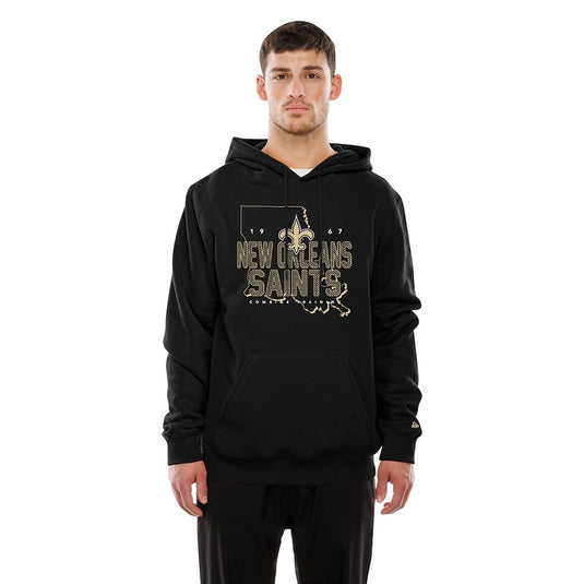 Recreation of New Orleans Saints New Era 2025 Combine Local State hoodie in black with bold Saints graphics.