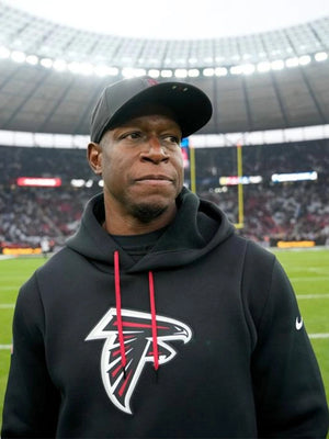 Coach Raheem Morris Atlanta Falcons 2025 black fleece hoodie designed with sideline-inspired styling.
