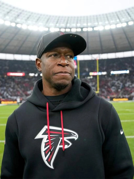 Coach Raheem Morris Atlanta Falcons 2025 black fleece hoodie designed with sideline-inspired styling.