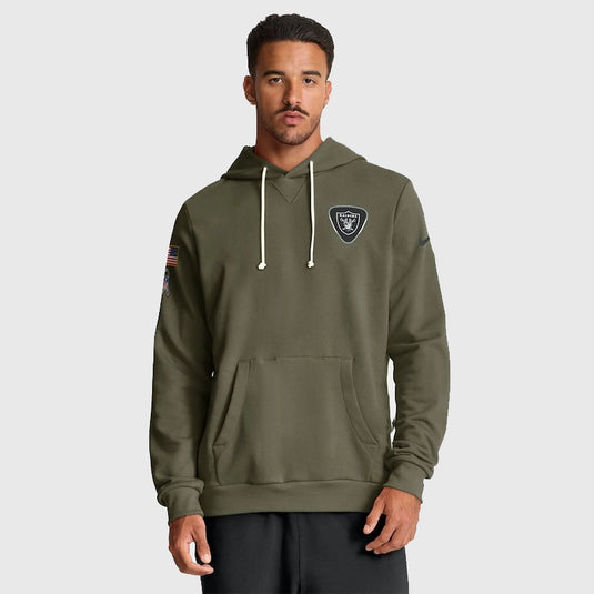 Nike Raiders 2025 Standard Issue olive hoodie featuring subtle team logo and Salute to Service sleeve patch.