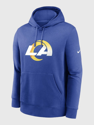 Recreated Los Angeles Rams 2025 Nike sideline pullover fleece hoodie in blue with a clean football-ready look