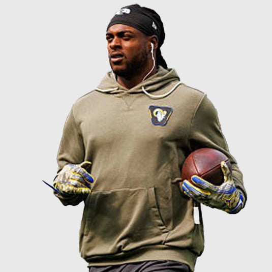 Olive green Nike hoodie featuring Los Angeles Rams logo and 2025 Salute to Service sideline-inspired styling.