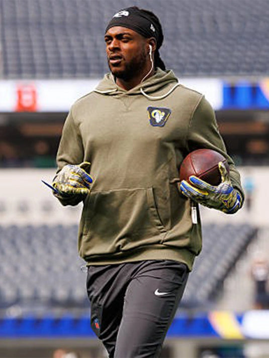 Nike Los Angeles Rams Olive Green Hoodie from the 2025 Salute to Service line with sleek team detailing.