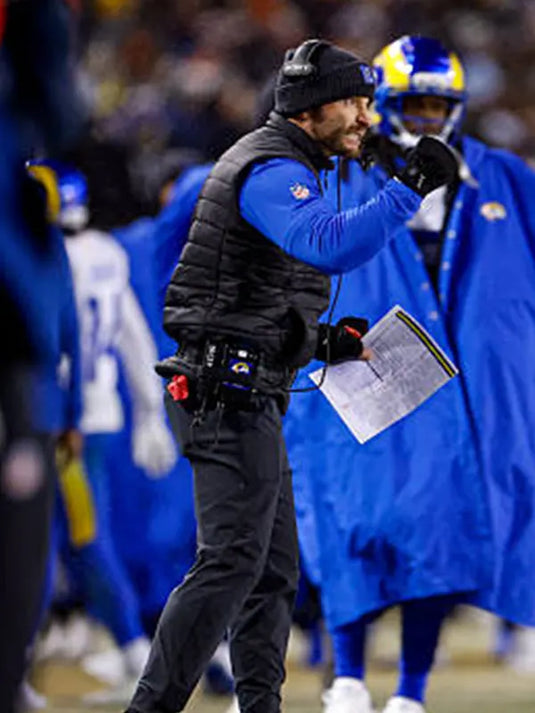 Coach Sean McVay inspired RECREATED black parachute puffer vest from the Los Angeles Rams 2025 playoffs