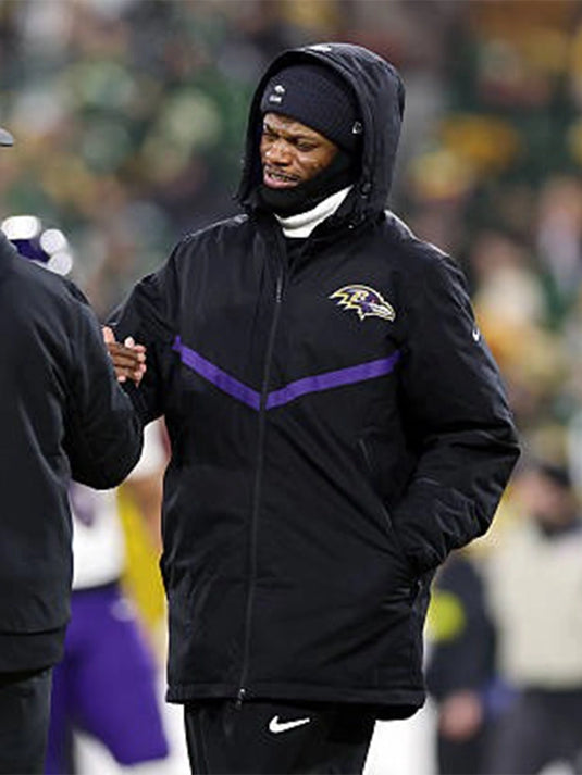 Baltimore Ravens black hooded jacket inspired by Lamar Jackson recreated with performance-ready styling