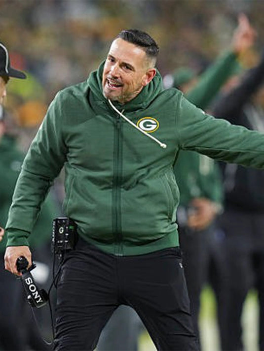 Matt LaFleur inspired recreated sideline bomber jacket combining Green Bay Packers identity with Nike athletic design