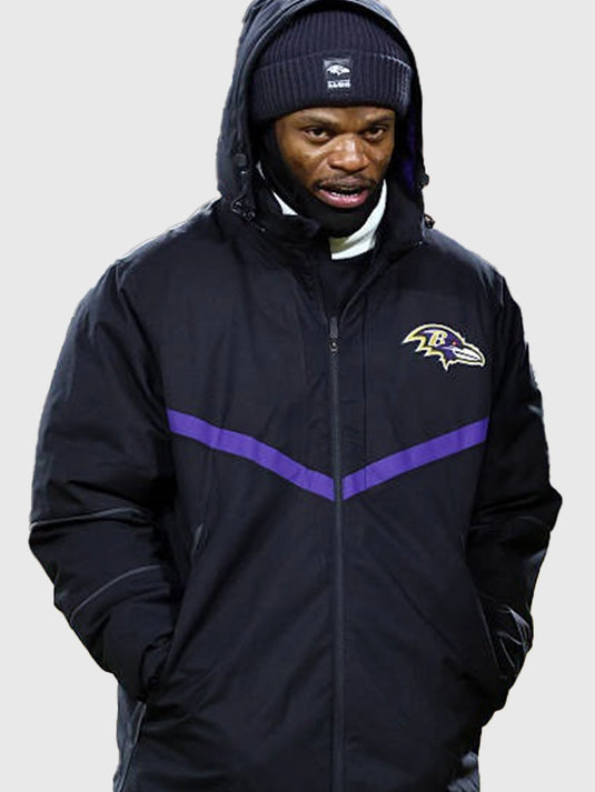 Recreated Ravens jacket featuring Lamar Jackson inspired design with comfortable hooded construction