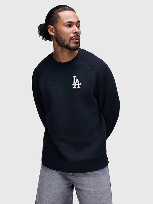 Recreated Los Angeles Dodgers Nike Tech Fleece Raglan Crewneck Sweatshirt in sleek black.