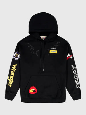 Recreated Wrangler x Avirex 2026 pullover fleece hoodie in black featuring soft interior lining and classic drawstring hood
