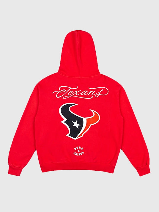 RECREATED Born x Raised inspired Houston Texans hoodie in red with soft fleece construction