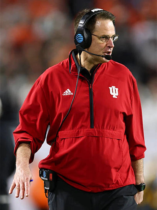 RECREATED Coach Curt Cignetti Indiana Hoosiers Adidas 1/4 zip pocket short sleeve jacket in red