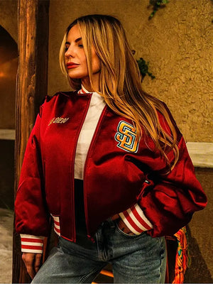 Recreated San Diego Padres x Petco Park 2026 red bomber jacket with satin construction and standout graphic accents