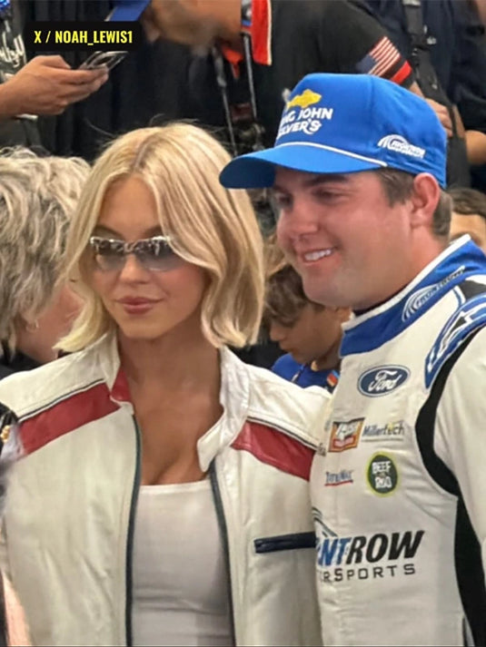 High-quality White Leather NASCAR Cup Series 2025 Sydney Sweeney Jacket with a modern championship aesthetic.