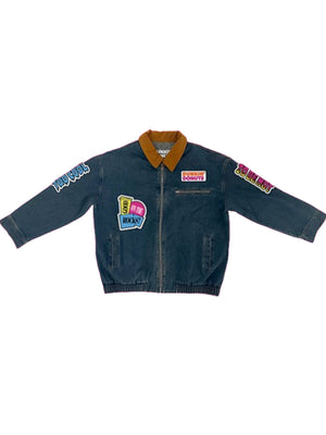 Vintage-style Dunkin' Donut 1995 blue denim jacket featuring a relaxed unisex silhouette and retro branding