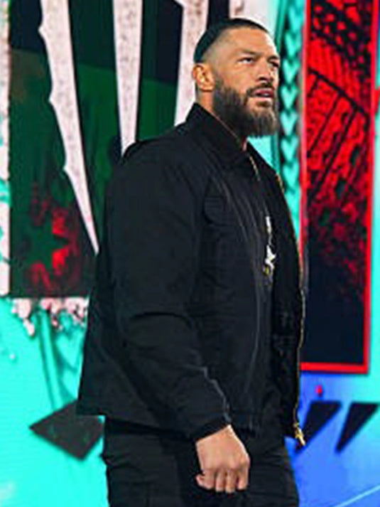 Recreated WWE RAW 2026 Roman Reigns jacket in black, featuring a rugged Carhartt-style build and relaxed unisex fit.