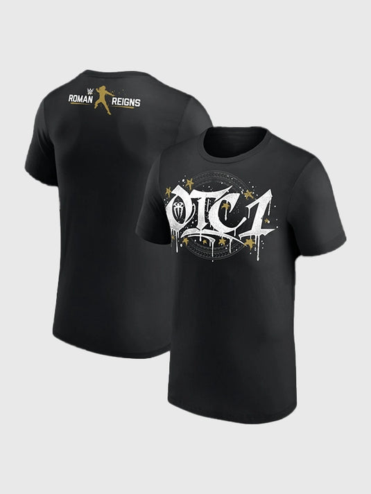 Recreated WWE RAW 2026 black crewneck t-shirt designed with Roman Reigns OTC-1 gold artwork and smooth cotton material.