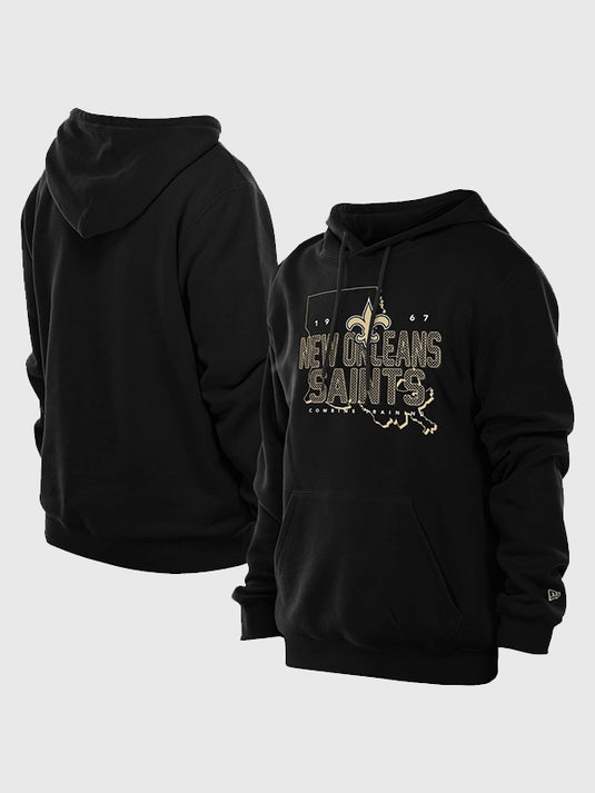 Unisex black fleece hoodie recreation inspired by the New Orleans Saints New Era 2025 Combine Local State edition.