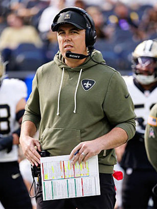 Coach Kellen Moore New Orleans Saints Salute to Service 2025 Olive Green Fleece Hoodie combining classic comfort with team spirit.