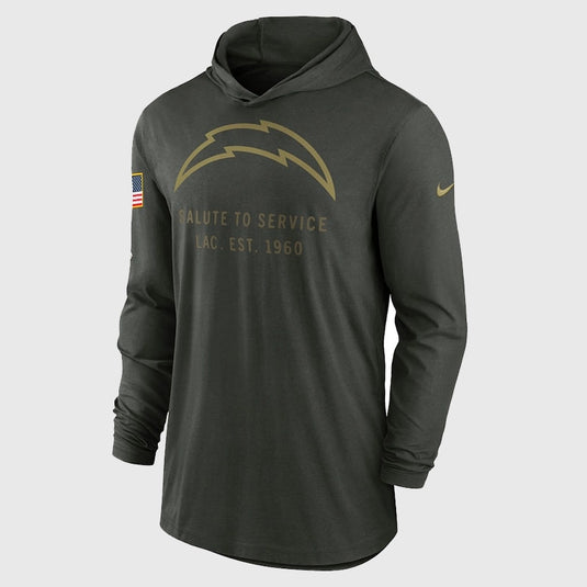 Nike 2025 Los Angeles Chargers Salute to Service forest green Dri-FIT Hooded Pullover T-Shirt built for all-day comfort.