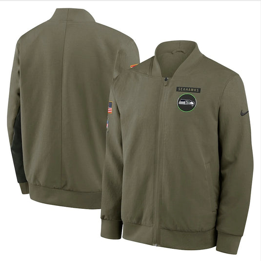 Seattle Seahawks Nike olive green 2025 Salute to Service Sideline bomber jacket with full-zip design and team logo patch.