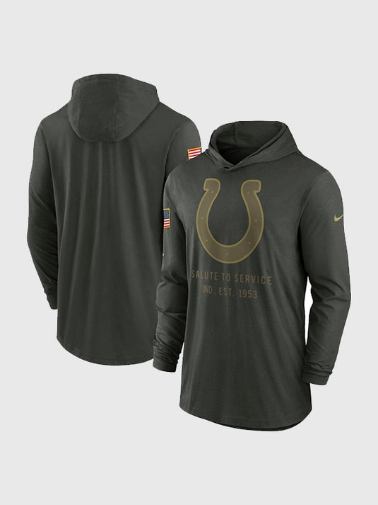 Nike Indianapolis Colts 2025 Salute to Service hooded pullover T-shirt in forest green crafted with lightweight Dri-FIT fabric.