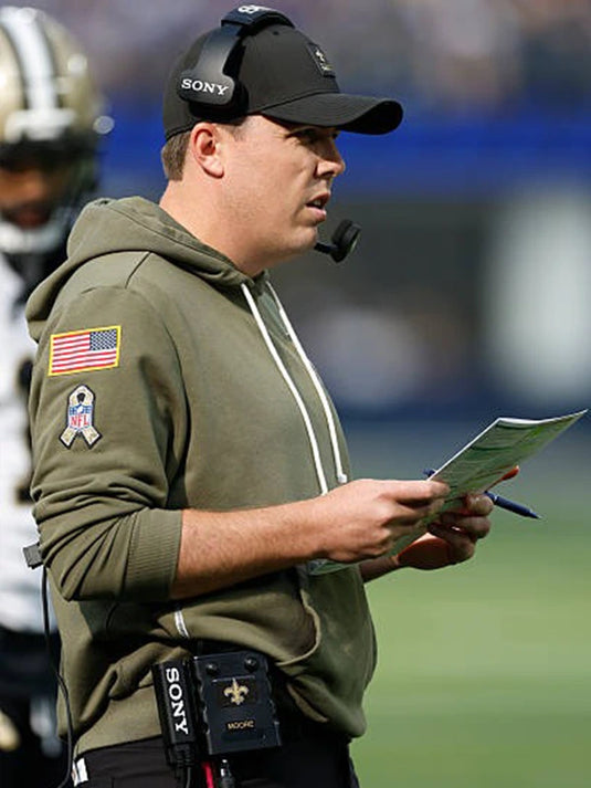 Kellen Moore Saints Salute to Service 2025 Hoodie in olive green fleece crafted for a warm, athletic fit.