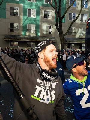 Super Bowl LX Seattle Seahawks grey pullover hoodie with championship parade club styling and bold printed details
