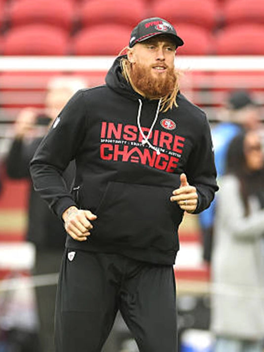 Black Nike sideline hoodie from the San Francisco 49ers 2025 Inspire Change collection featuring bold message text
