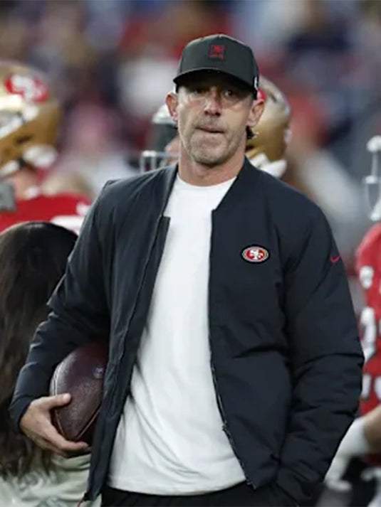 Black Nike-style sideline bomber jacket inspired by Kyle Shanahan San Francisco 49ers 2025 season