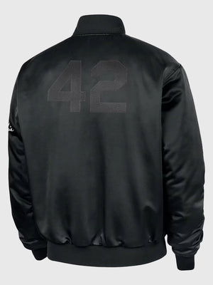Nike Sportswear Club Jackie Robinson Bomber Jacket in black with glossy satin exterior and ribbed trim construction