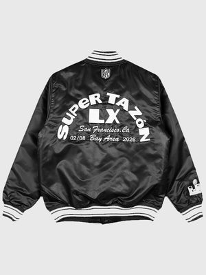 Super Tazón LX Bad Bunny black unisex satin jacket featuring full snap closure and detailed embroidered designs