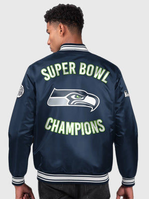 Seattle Seahawks Two‑Time Super Bowl Champions navy satin full‑snap jacket featuring embroidered wordmark and team details