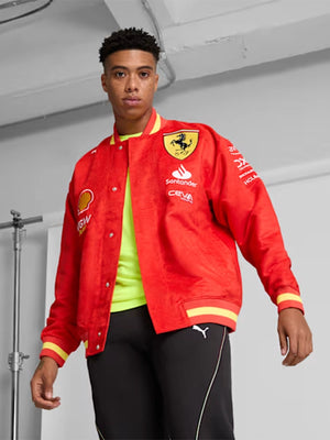 RECREATED Scuderia Ferrari Red Varsity Jacket featuring a structured silhouette with refined motorsport styling
