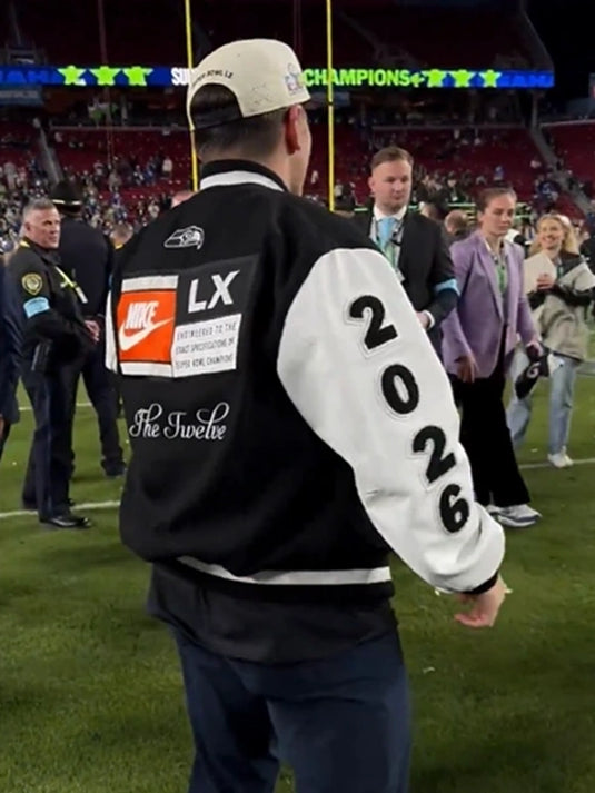 Seattle Seahawks Super Bowl LX 2026 Champions black varsity jacket with white accents and embroidered championship graphics